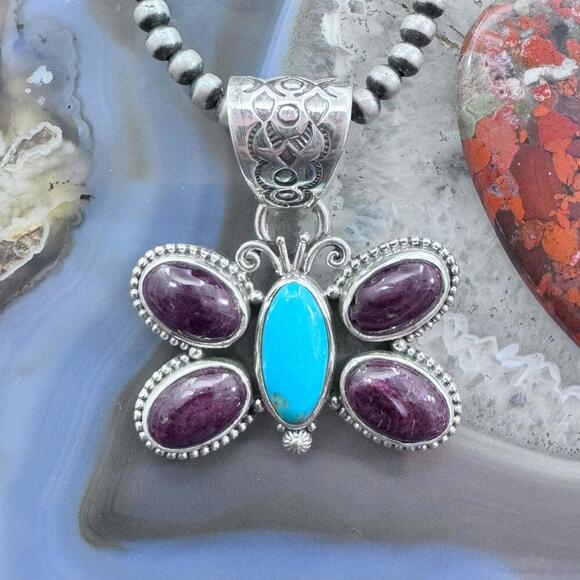 Native American Sterling Turquoise & Spiny Oyster Butterfly Pendant For Women - Picture 1 of 10